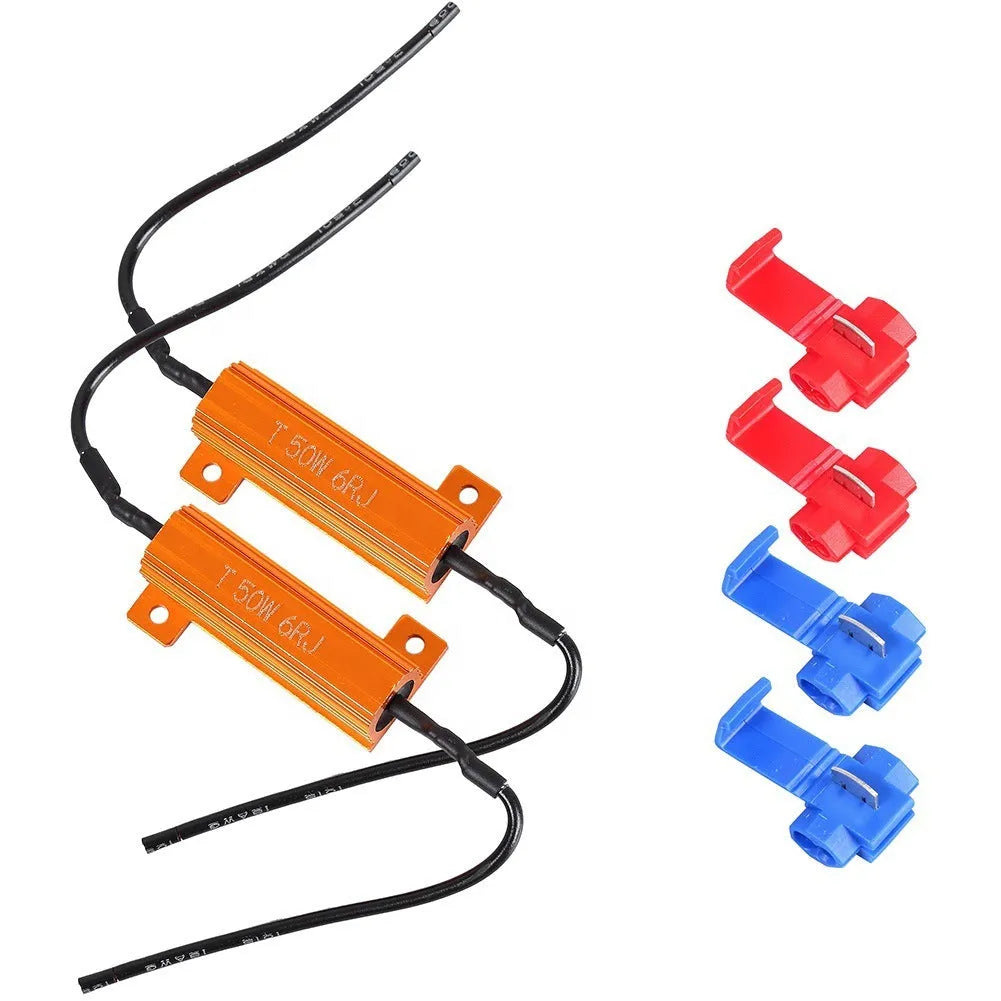 Two golden aluminium-case 50W load resistor decoders with four wire connector clips for fixing vehicle LED hyper-flash.