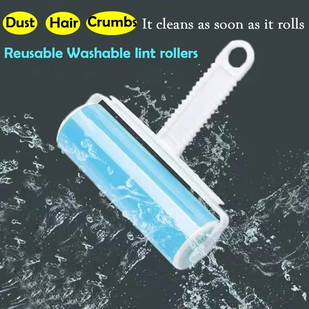 Blue washable reusable lint roller with cover for removing pet hair from clothes and sofas