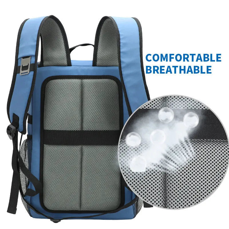 Waterproof insulated cooler backpack with mounted bottle opener in lake blue colour showing 20 litre capacity