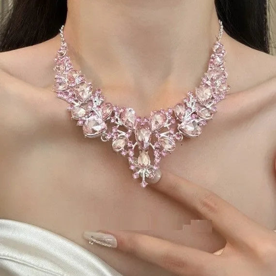 Pink rhinestone flower pendant necklace on alloy ball bead chain with 31-40cm adjustable link