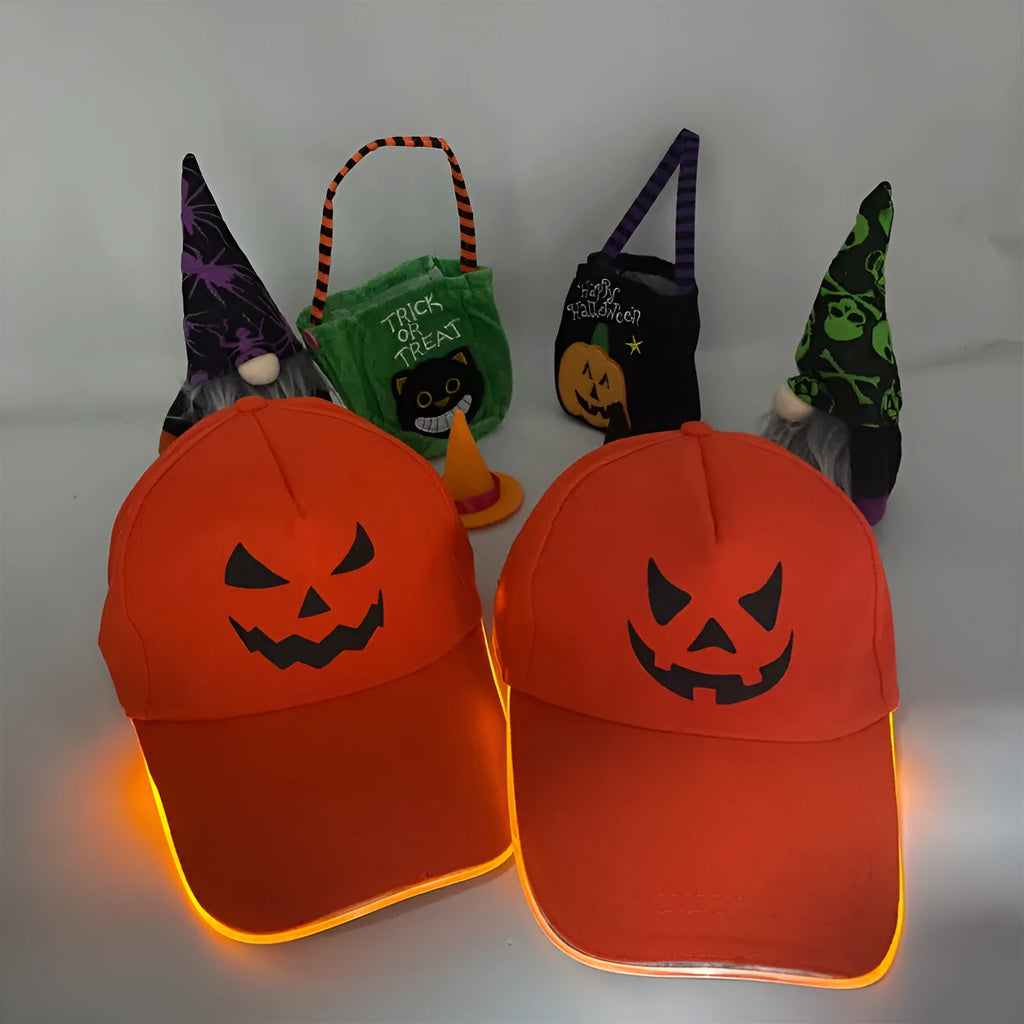Halloween LED baseball cap with illuminated pumpkin design and adjustable free size fit