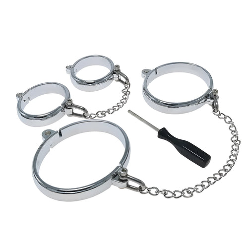 Silver zinc alloy handcuffs and footcuffs adult sex toy accessories with stainless steel bracelet fittings
