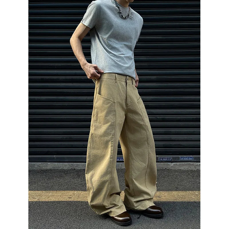 Men's khaki cotton straight-leg trousers laid flat showing American retro casual style