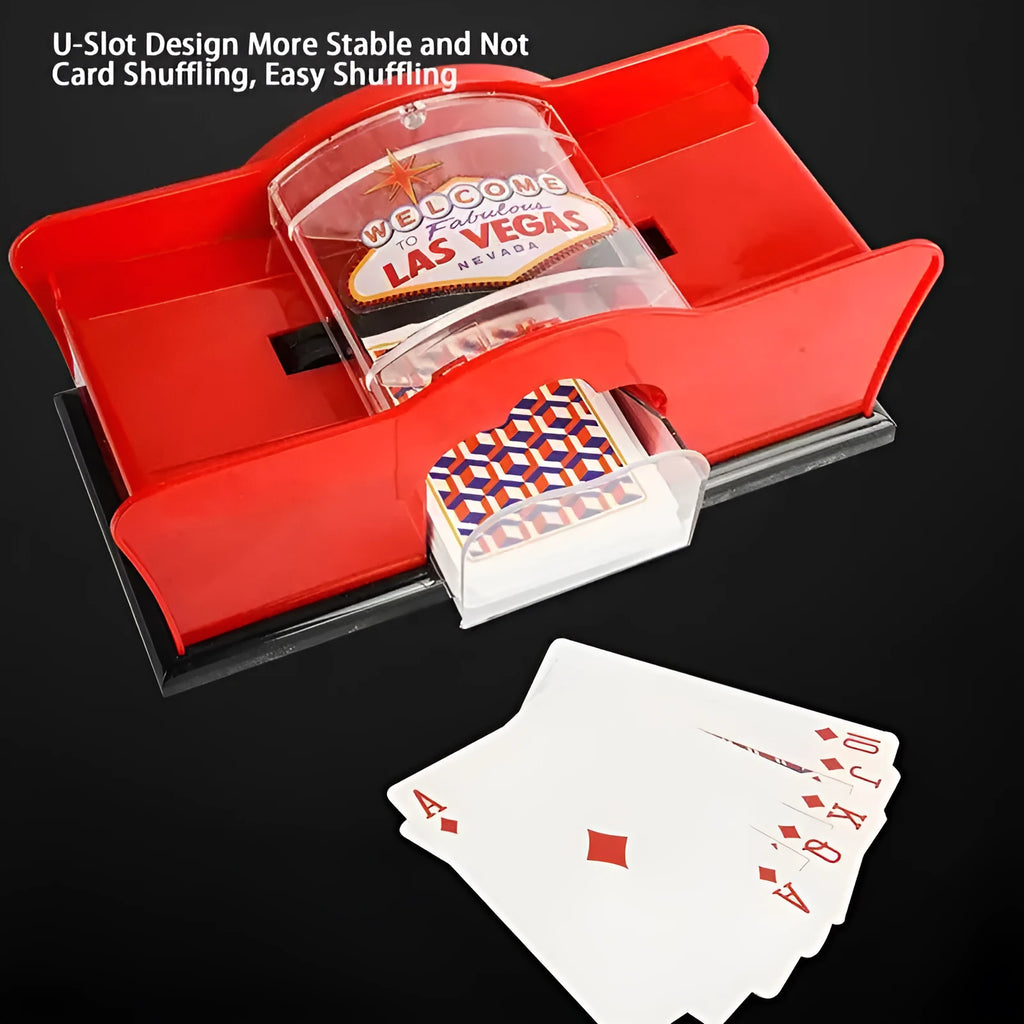 Black manual card shuffling machine with hand crank on wooden table