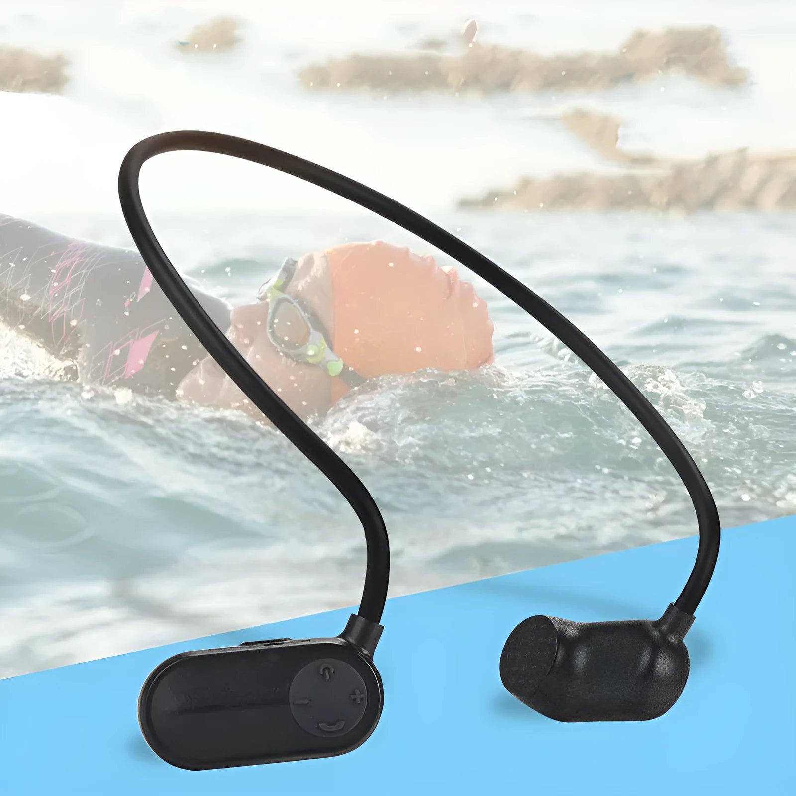Waterproof MP3 sports swimming earphones with push-button controls on a 20cm unit.