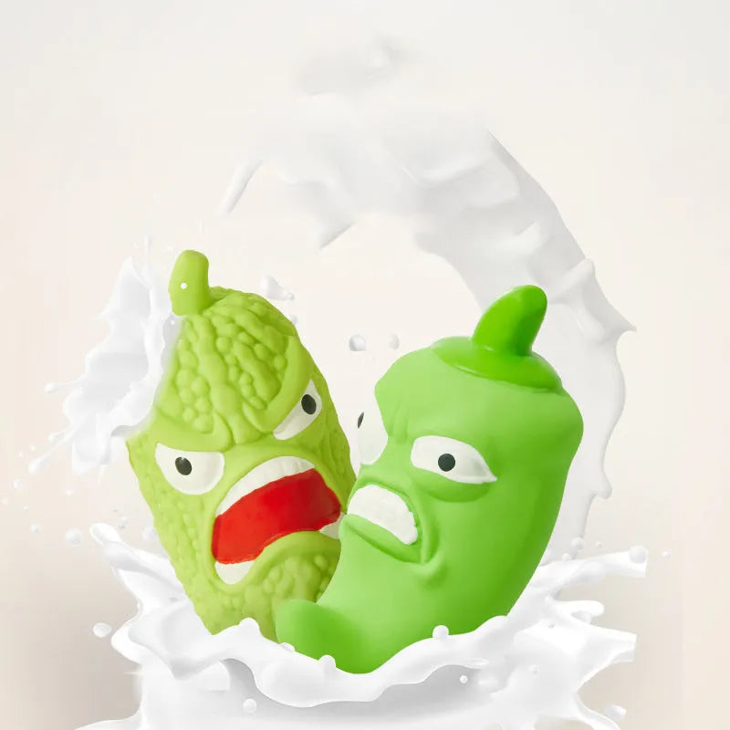 Bitter melon and chili shaped dog toys with textured surfaces for teeth cleaning and built-in sound function