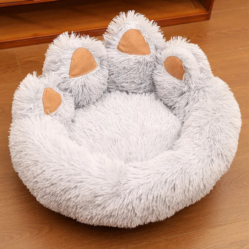 Plush thickened pet bed in coffee colour with hand-shaped brush nest design, a large dog mat for indoor use.