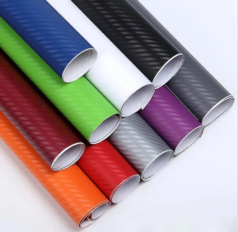 Roll of carbon fibre sticker for car decoration in various colours showing 3D texture