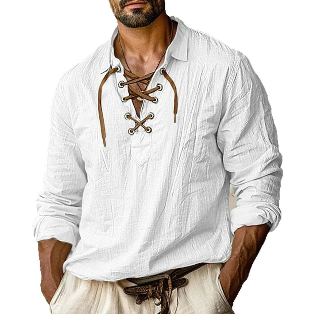 Men's plus size blue linen-cotton blend shirt with lace detailing on the front and lapels.