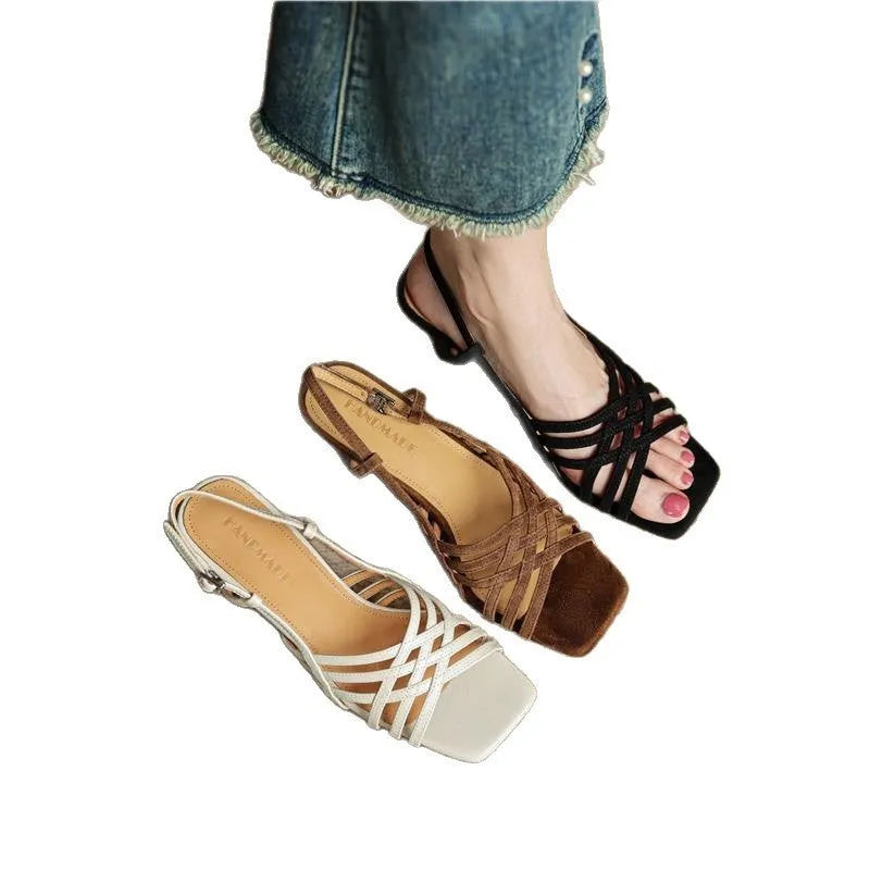 Women's light brown retro sandals with thin cross straps, square toe, and an ankle buckle on a 3-6cm heel.