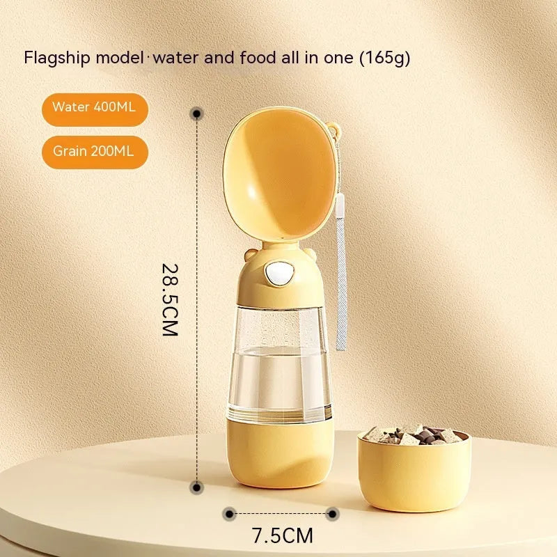 Portable dog water bottle and feeder bowl for outdoor travel in yellow, pink, or brown.