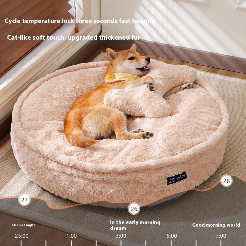 Removable washable pet bed in milk tea colour round nest design showing soft cloth construction