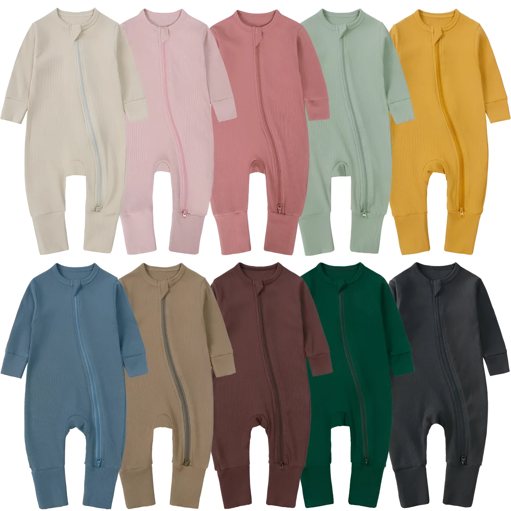 Newborn baby romper in solid colour rib fabric with zip-up closure and long sleeves, bamboo-fibre blend