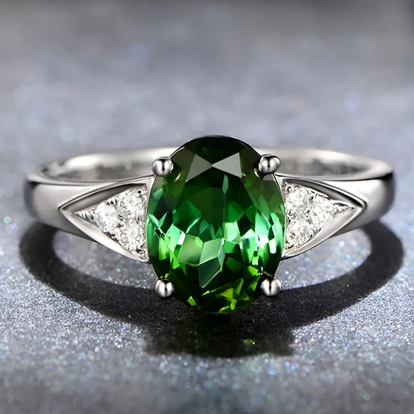 Women's court-style ring with inlaid natural zircon stone forming a heart, water drop, or bell pattern, shown in blue, green, light blue, or red.