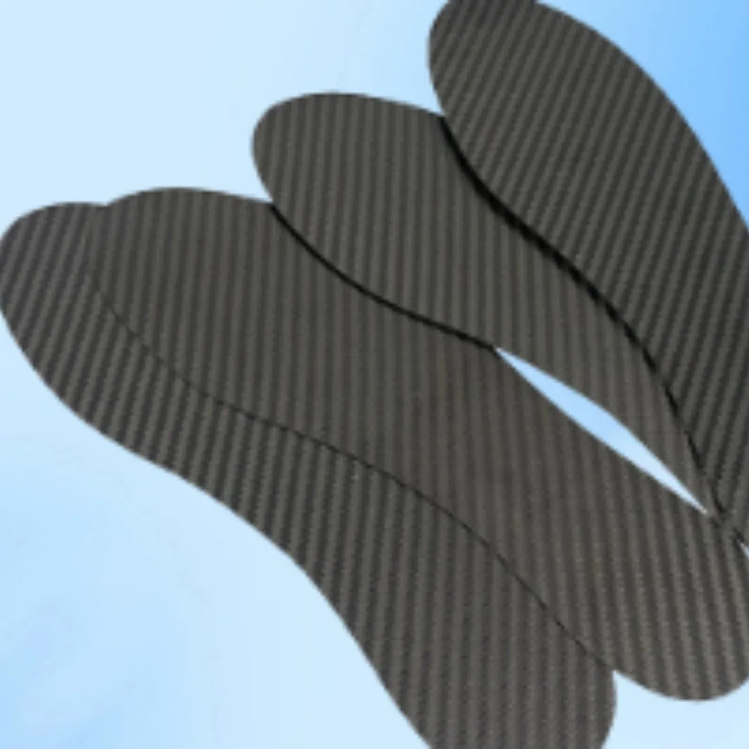 Black 3K carbon fibre running insoles showing full palm design for shock absorption in athletic footwear