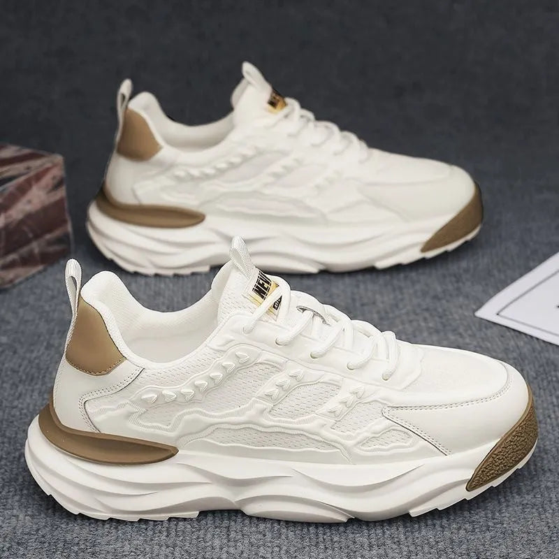 Men's white and black breathable mesh shoes with round toe design and PU construction