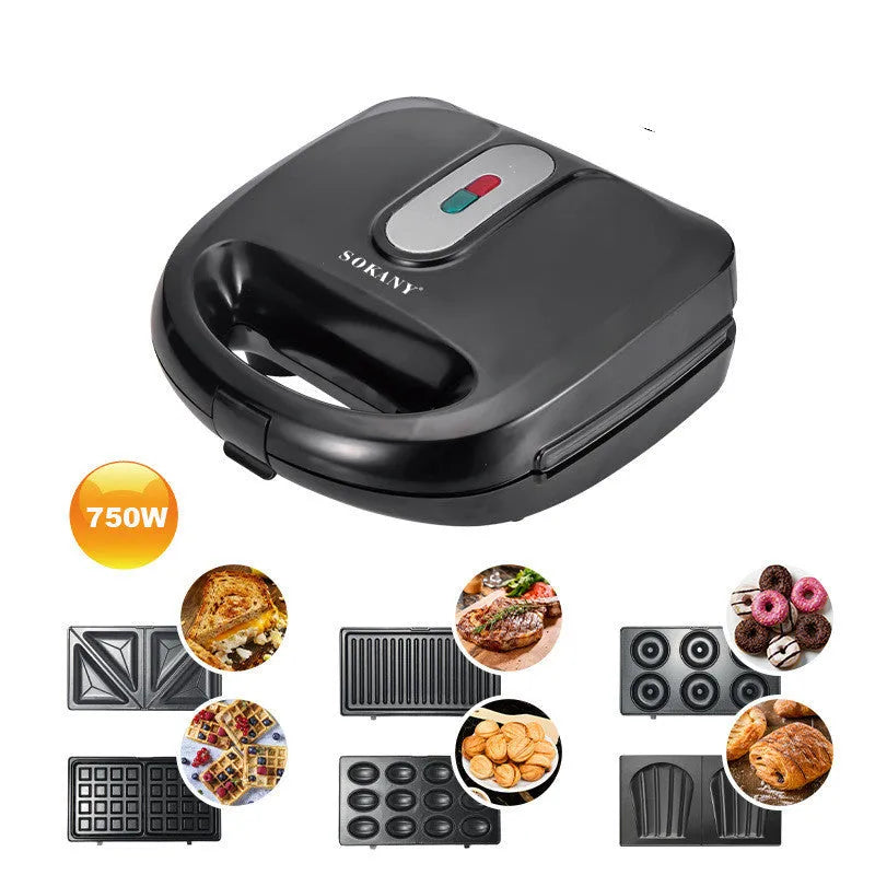 Black electric sandwich pan with brushed stainless steel lid and six non-stick cooking plates on a kitchen counter.