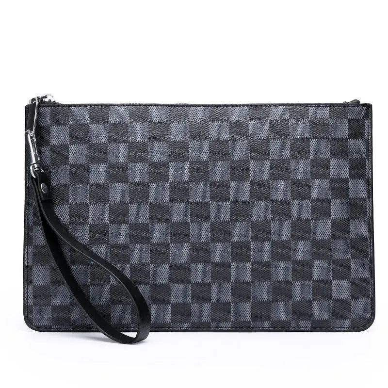 Men's soft PU leather plaid pattern clutch wallet with 6 card slots and zipper pocket