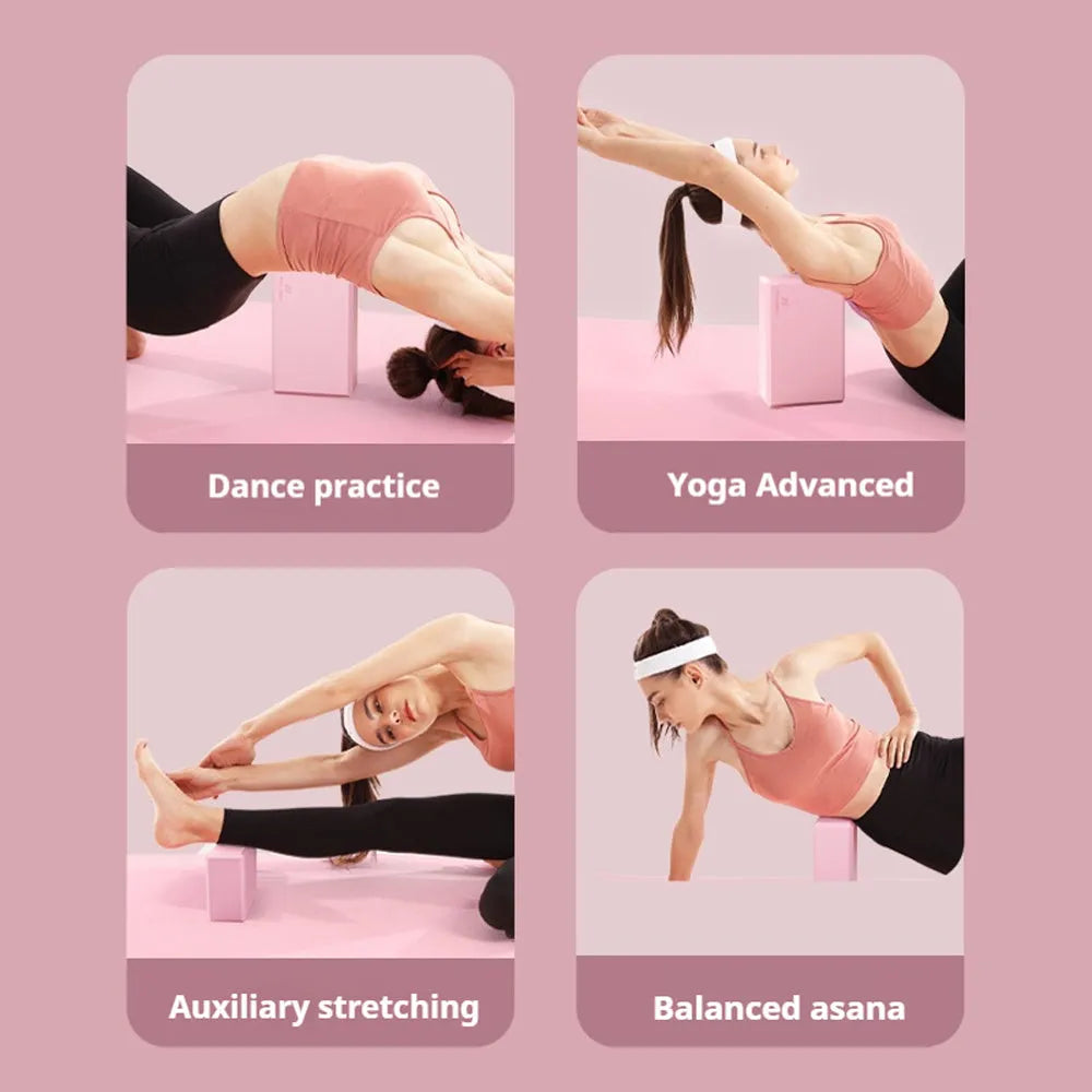 Solid colour EVA foam yoga block on a yoga mat, showing dimensions of 23x15x7.6 cm