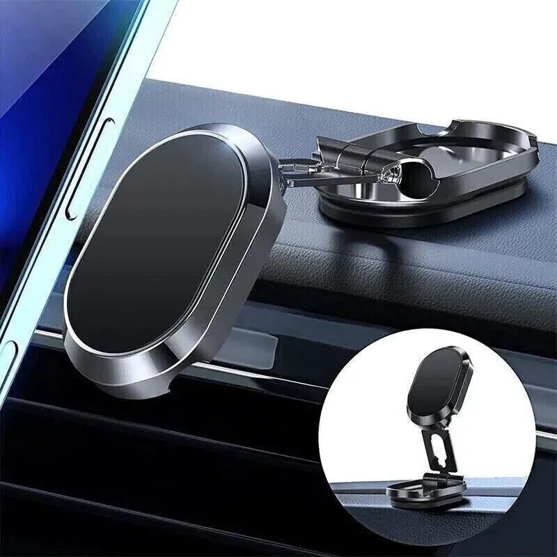 Chrome magnetic car phone holder with foldable bracket on a dashboard