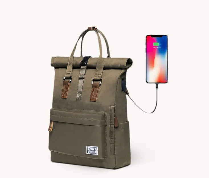 Black casual polyester backpack with cover opening, showing laptop pocket and under 20-litre capacity.