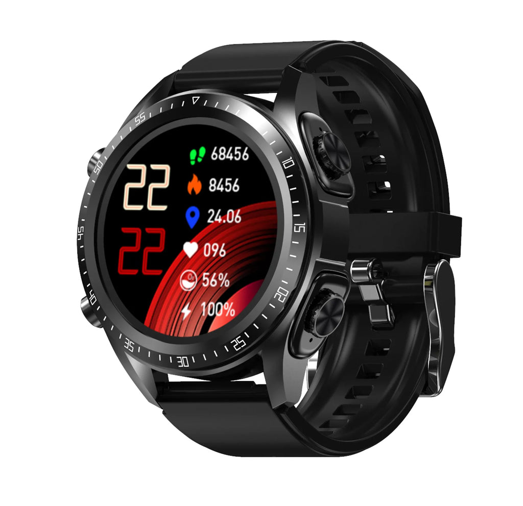 Black smart watch with stainless steel case, round dial, and separate smart bracelet call functionality