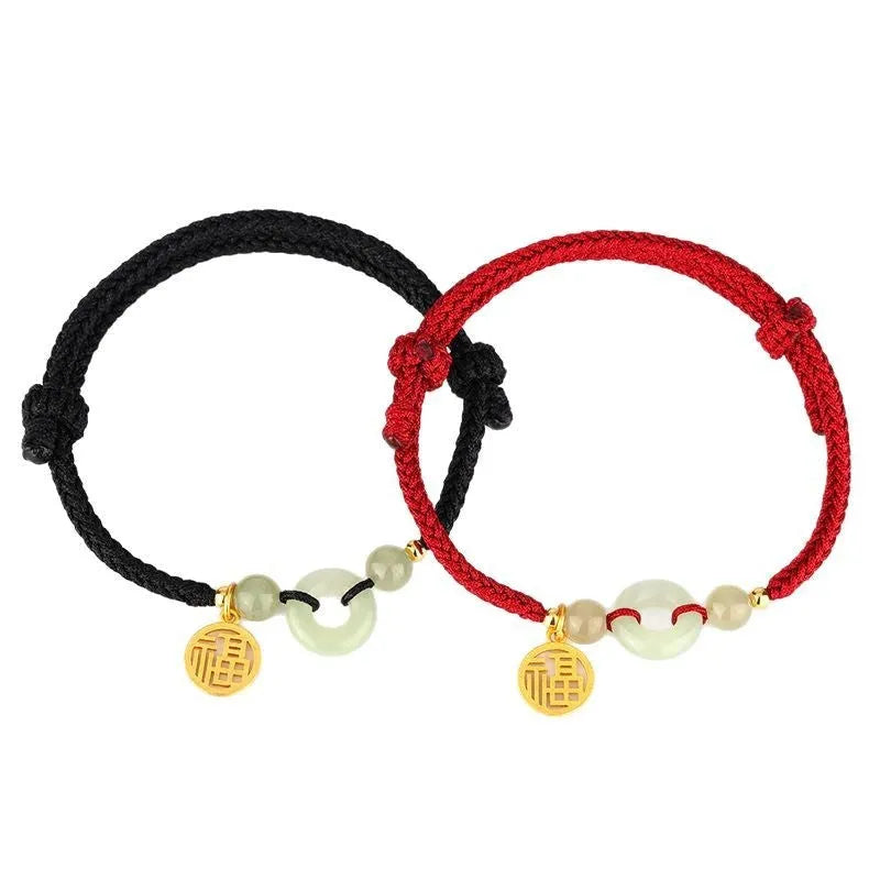 Silver geometric bracelet with Hetian Jade peace buckle and blessing card strap in black or wine red