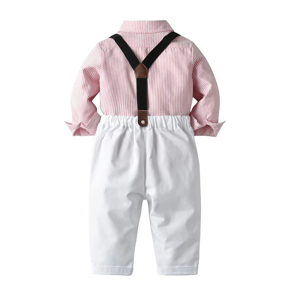 Boys' light blue cotton striped shirt and pants matching suit with hat, long sleeves, shoulder strap