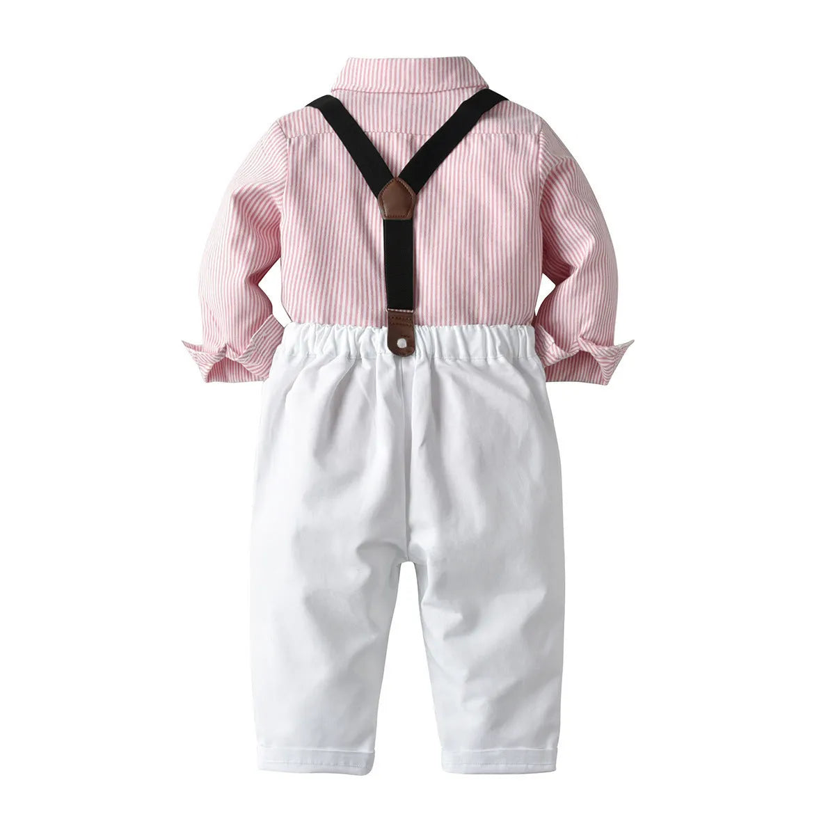 Boys' light blue cotton striped shirt and pants matching suit with hat, long sleeves, shoulder strap