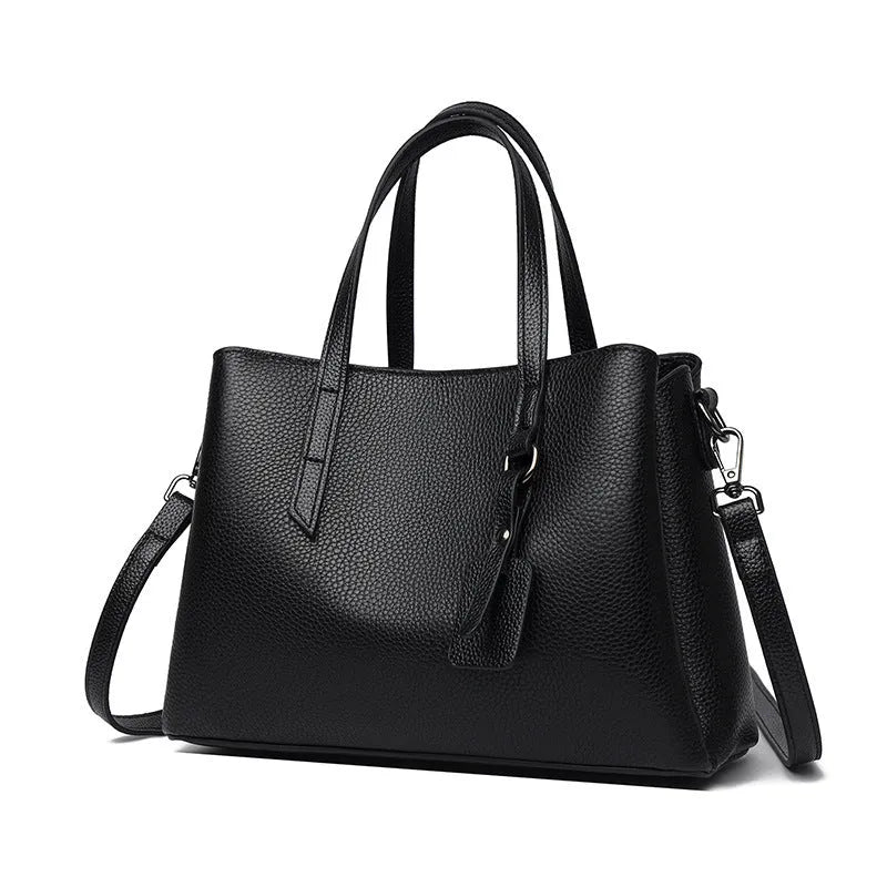 Women's genuine cowhide leather handbag in horizontal square shape with multiple internal compartments