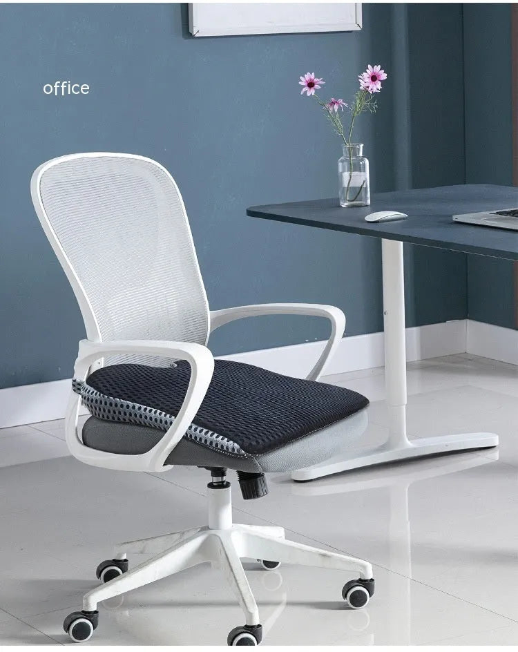 Memory foam lumbar cushion with straps on an office chair, shown in grey colour.