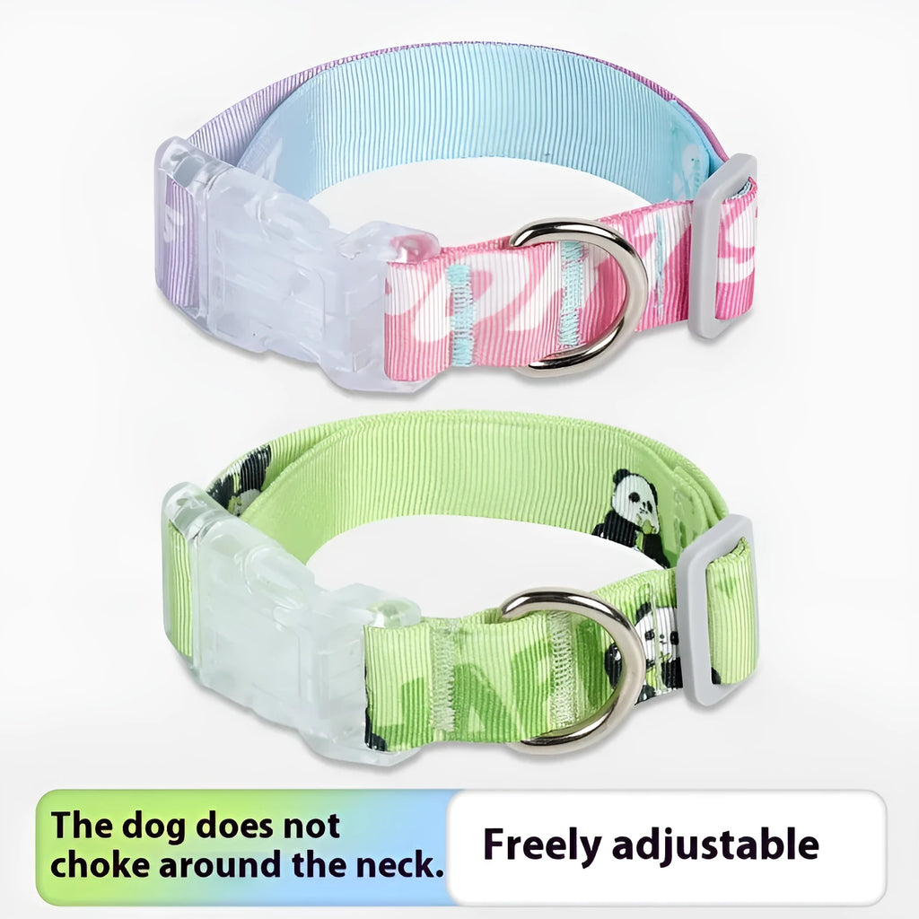 Adjustable nylon dog collar with cartoon gradient print in green, showing buckle and D-ring on a size chart.