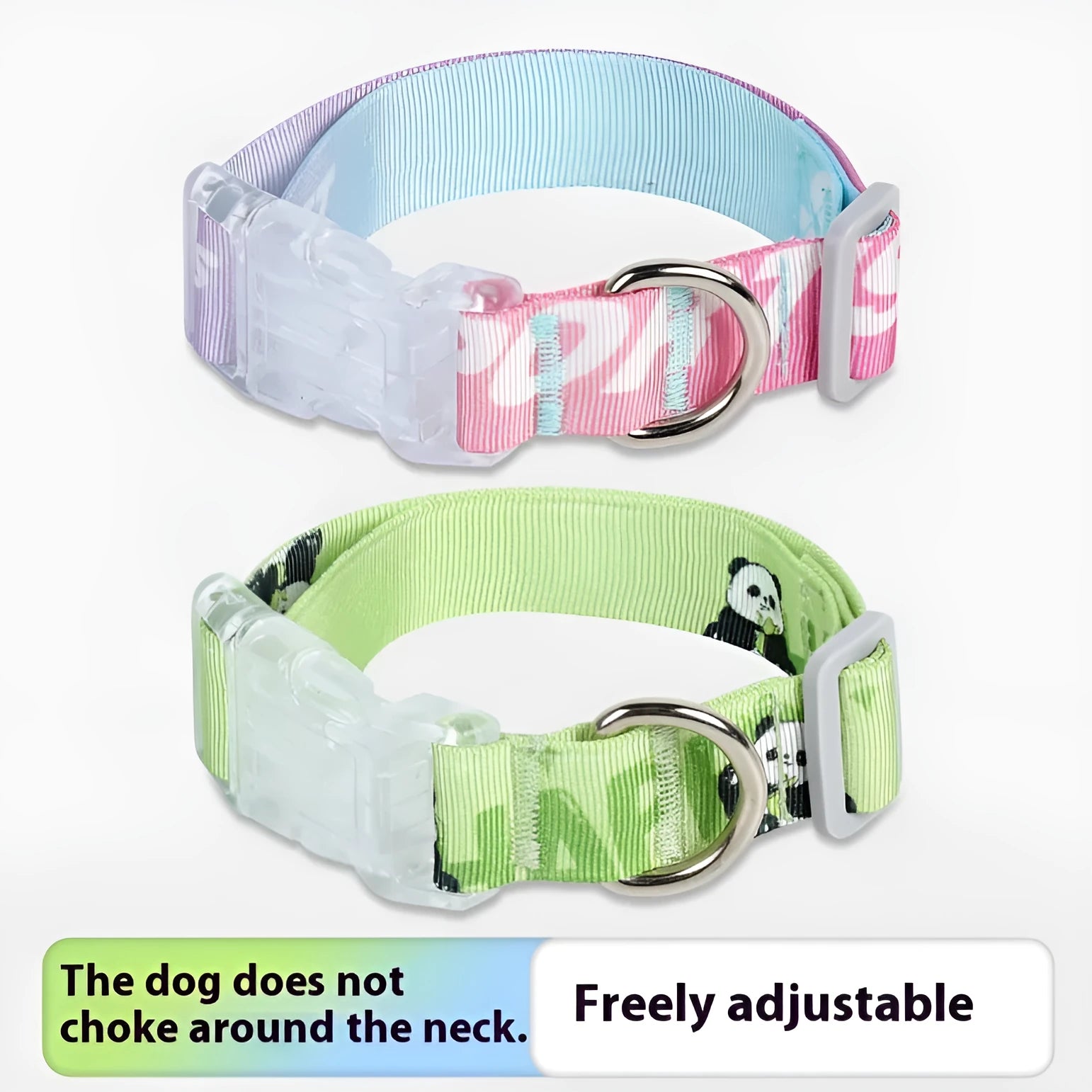 Adjustable nylon dog collar with cartoon gradient print in green, showing buckle and D-ring on a size chart.
