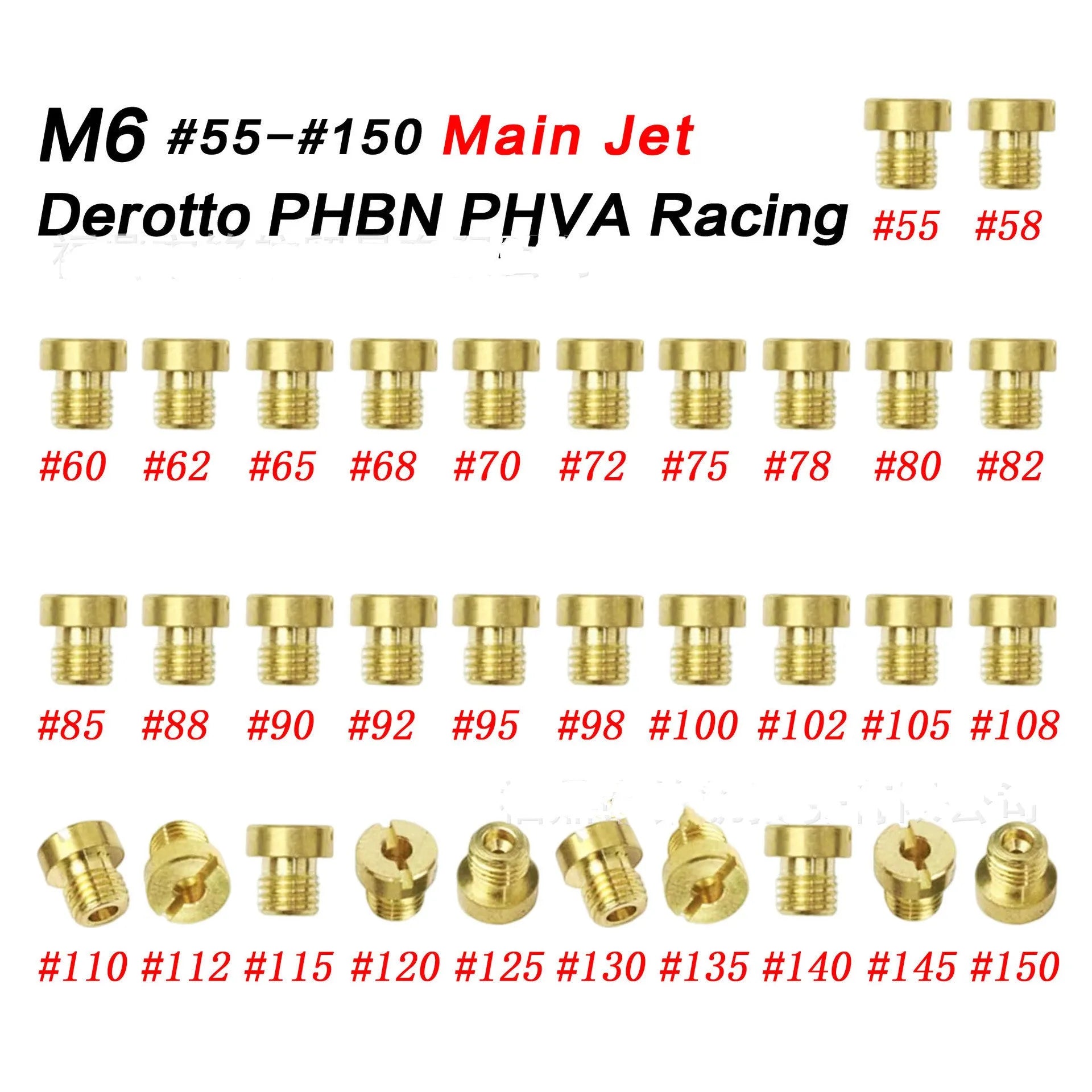 M6 brass carburetor main jet nozzle for Derotto PHBN PHVA models with size range 55-150