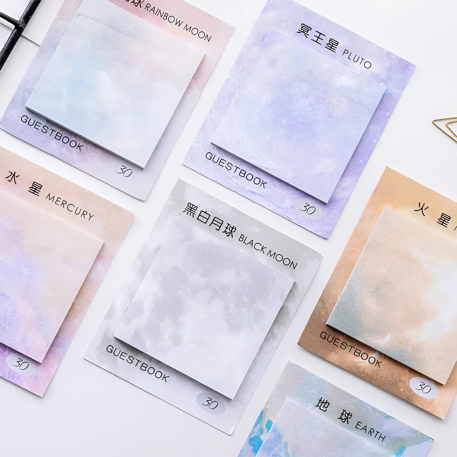 Square planet-themed sticky note pad showing 7.3cm size and oil painting designs of Moon and Earth.