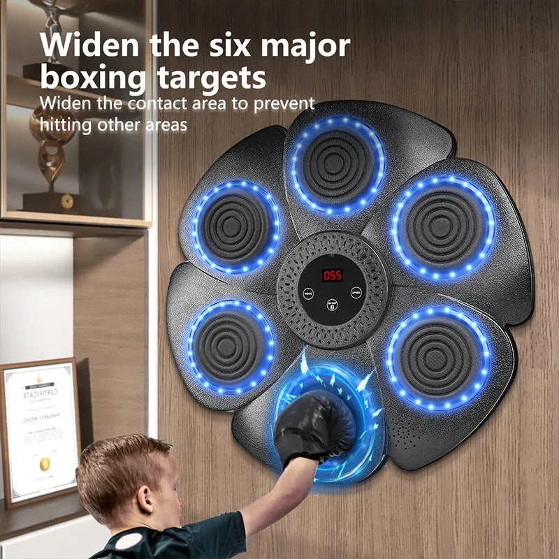 Black plastic smart boxing wall target with LED lights and included half-finger gloves.