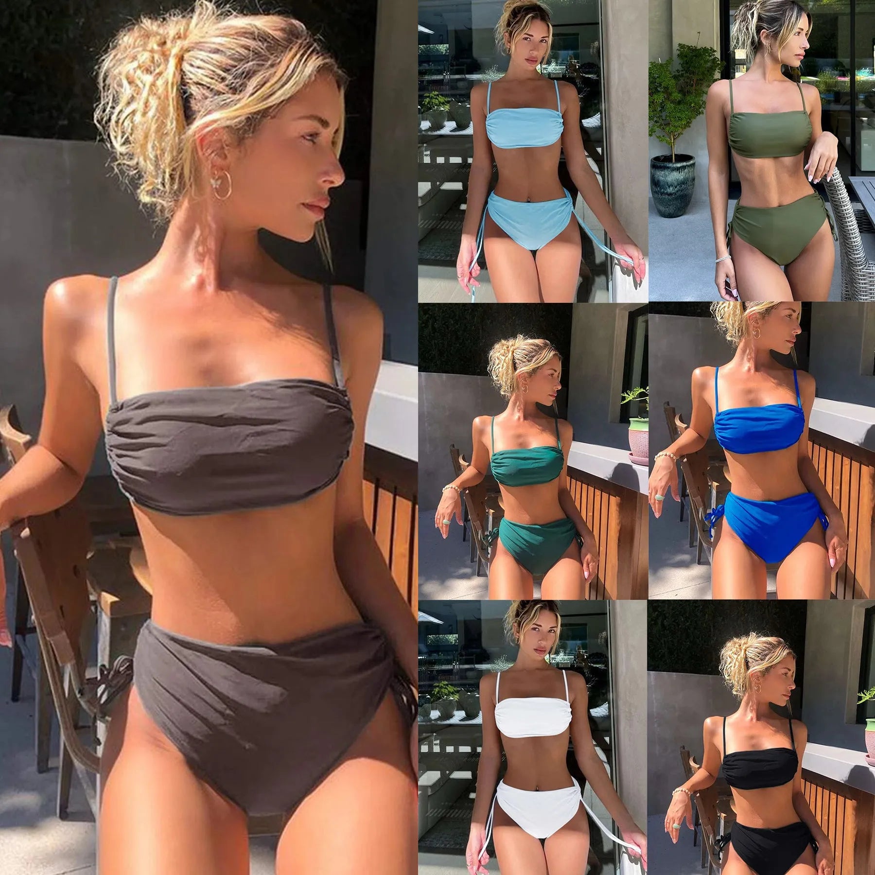 Solid colour women's nylon bikini two-piece set with polyester lining in brief style for swimming