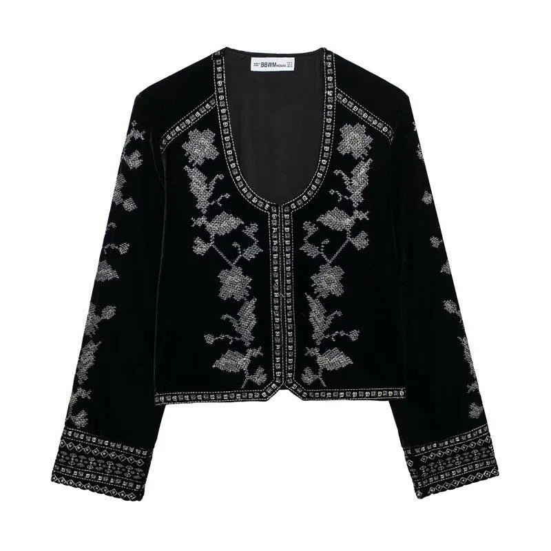 Women's casual embroidered velvet jacket in black with loose fit and long sleeves