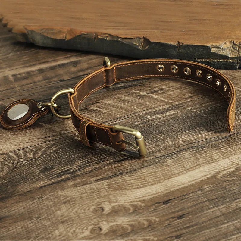 Brown handmade leather dog collar with halter positioning and retro styling