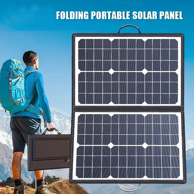 Black folding solar panel bag showing compact 425mm by 285mm size and unfolded solar cells.