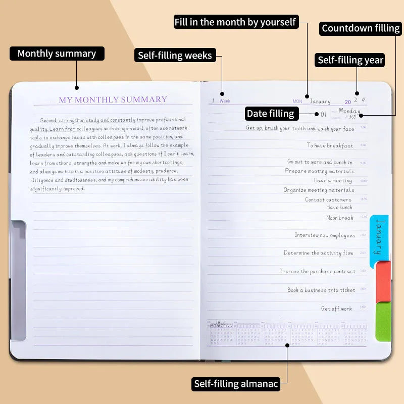 Undated notebook with PU cover in six colour options showing thread binding and 200 pages