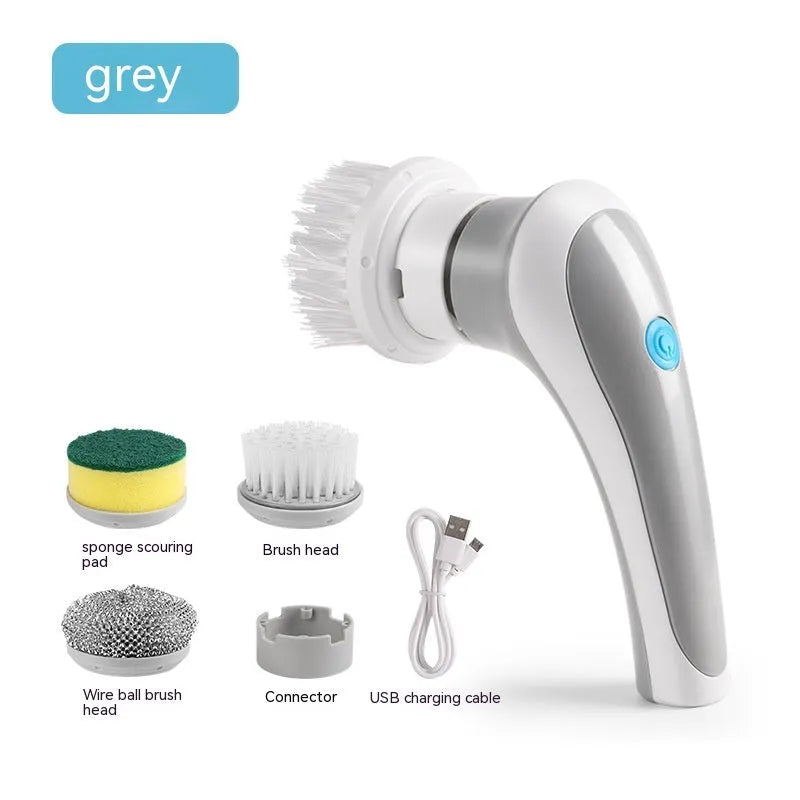 White handheld electric cleaning brush with rotating brush head on bathroom tiles