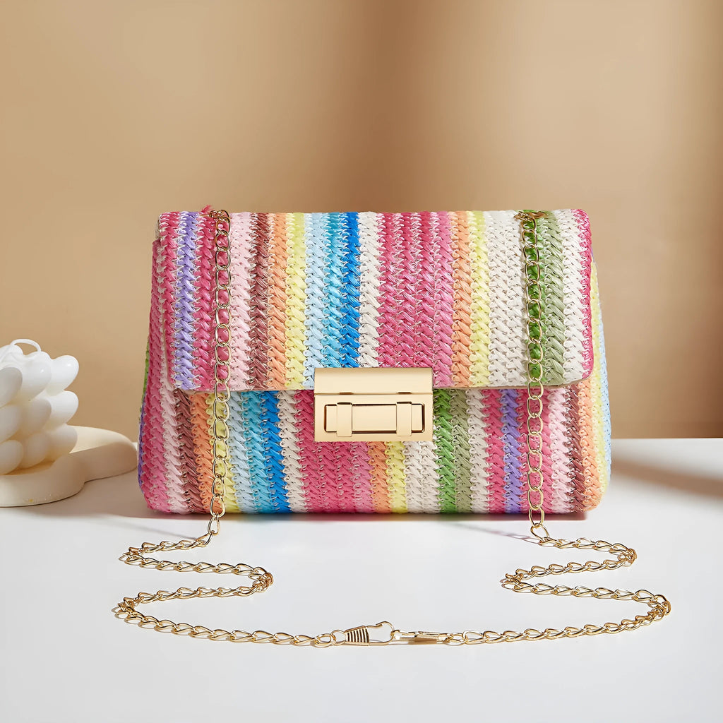 Women's straw cross-body bag with lock closure in rainbow colour option