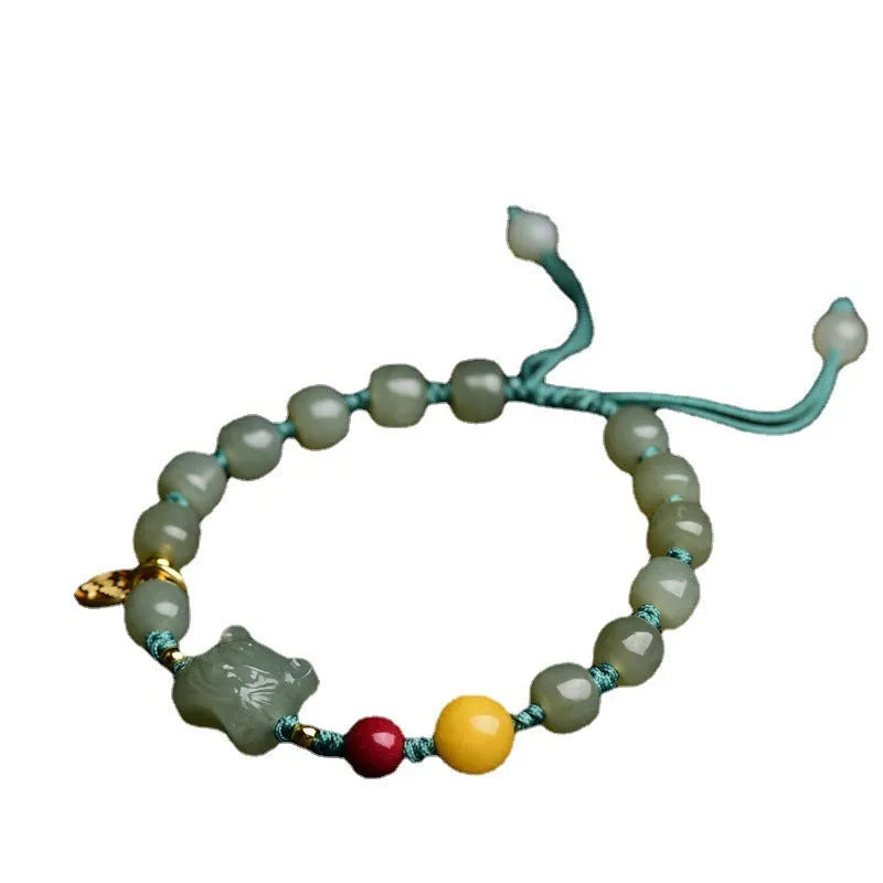 Natural Hetian jade bracelet with cinnabar beeswax beads and animal zodiac modelling