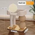Natural pine wood cat nest with an elevated base and two balls on columns, one style with sisal rope texture.