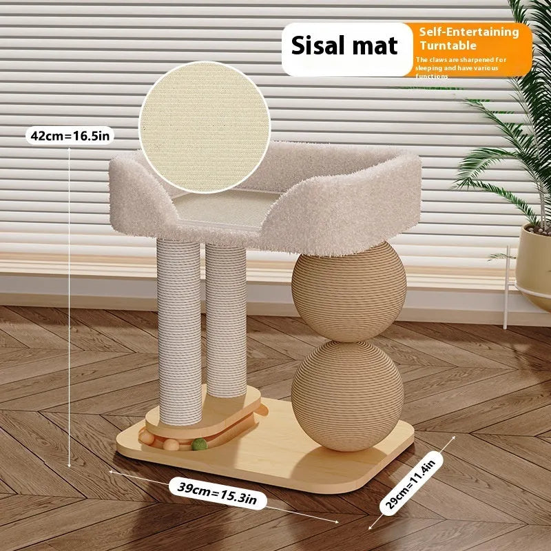 Natural pine wood cat nest with an elevated base and two balls on columns, one style with sisal rope texture.