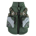 Blue cotton-padded dog jacket with zipper front on a small dog against a white background