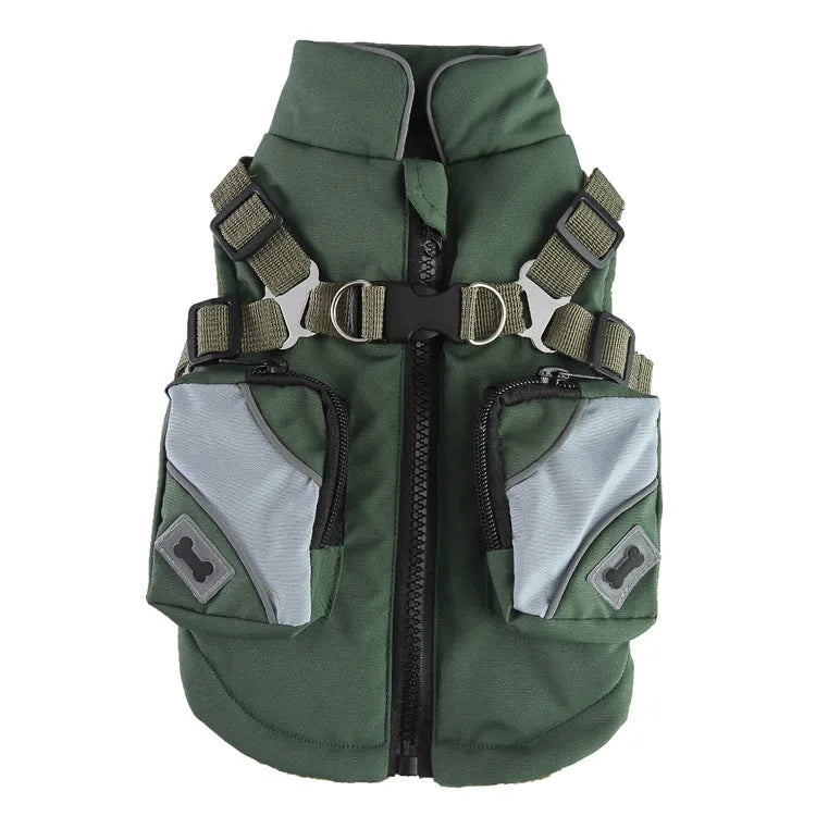 Blue cotton-padded dog jacket with zipper front on a small dog against a white background