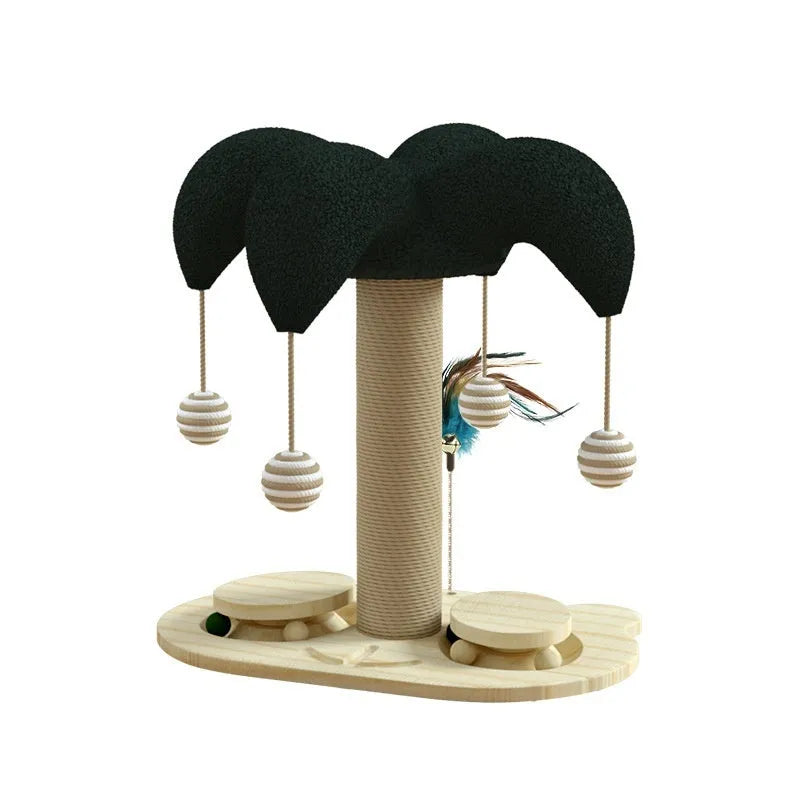 Solid wood cat climbing frame with sisal scratching post and turntable in a panda design.