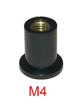Black brass and rubber expansion well nuts for motorcycle windshield mounting in M4, M5, and M6 sizes.